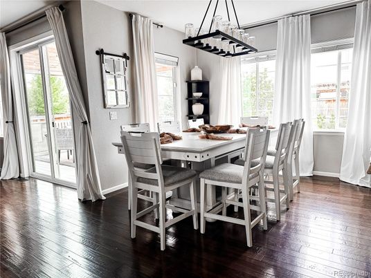 Chandelier, Dining room, Interior, Pendant Lights, Wood Texture Flooring