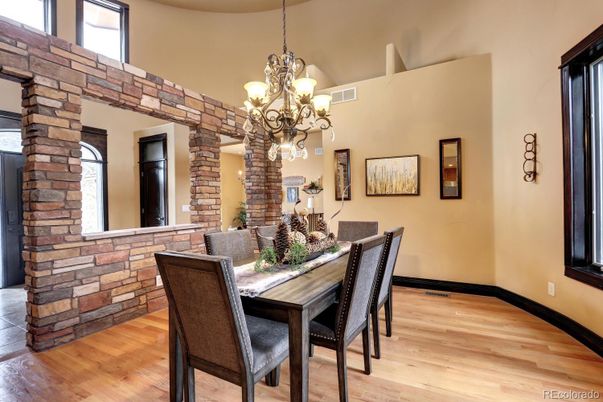 Chandelier, Dining room, Interior, Stone Walls, Wood Texture Flooring