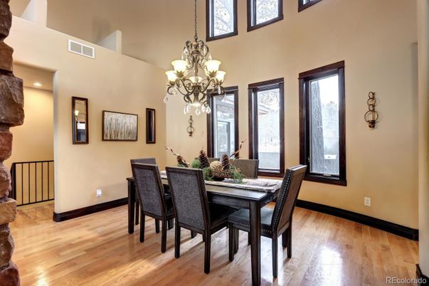 Chandelier, Dining room, Interior, Recessed Lighting, Wood Texture Flooring