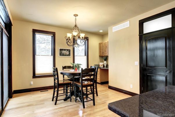 Chandelier, Dining room, Interior, Recessed Lighting, Wood Texture Flooring