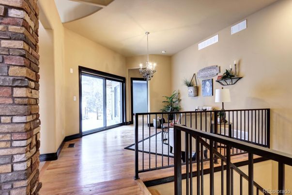 Chandelier, Interior, Recessed Lighting, Stone Walls, Wood Texture Flooring