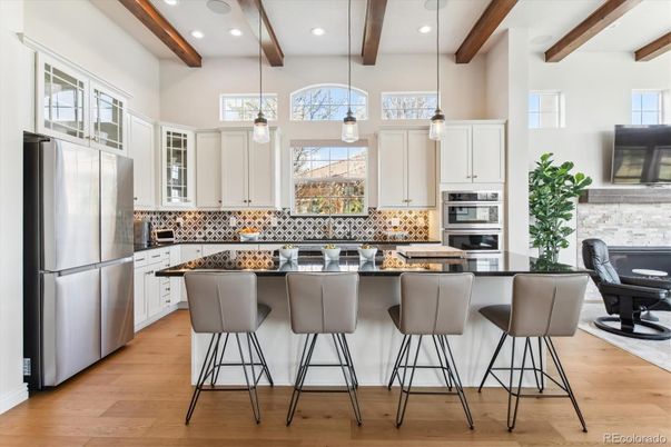 Interior, Kitchen, Pendant Lights, Recessed Lighting, Stainless Steel Appliances, Wooden Beams, Wood Texture Flooring