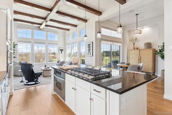 Dining room, Interior, Kitchen, Living room, Pendant Lights, Stainless Steel Appliances, Wooden Beams, Wood Texture Flooring