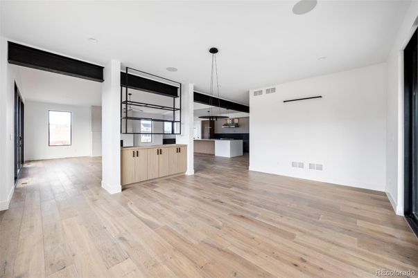 Empty room, Interior, Kitchen, Pendant Lights, Wood Texture Flooring