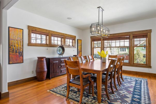 Dining room, Interior, Pendant Lights, Wood Texture Flooring