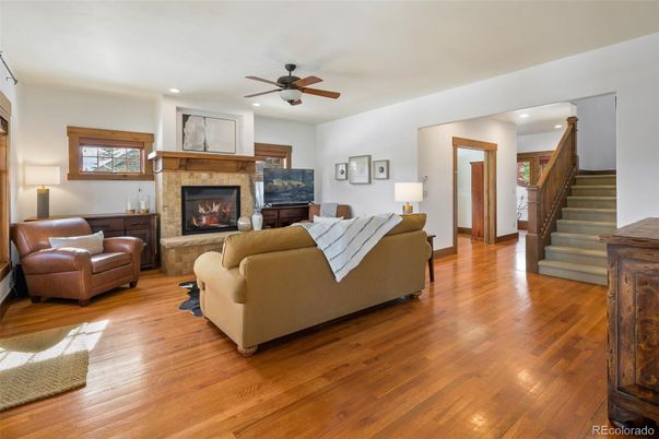 Fireplace, Interior, Living room, Recessed Lighting, Wood Texture Flooring