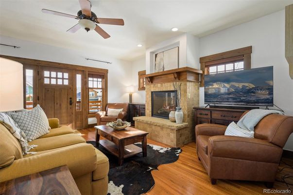 Fireplace, Interior, Living room, Recessed Lighting, Wood Texture Flooring