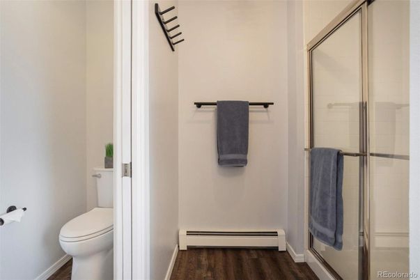 Bathroom, Glass Shower, Interior, Wood Texture Flooring