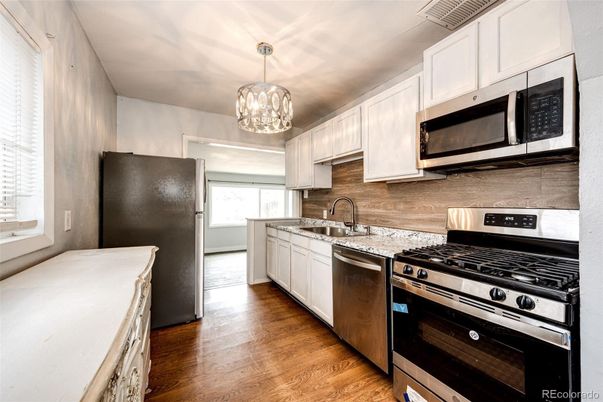 Interior, Kitchen, Pendant Lights, Stainless Steel Appliances, Wood Texture Flooring