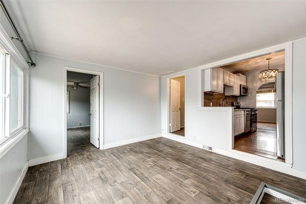Chandelier, Empty room, Interior, Kitchen, Wood Texture Flooring
