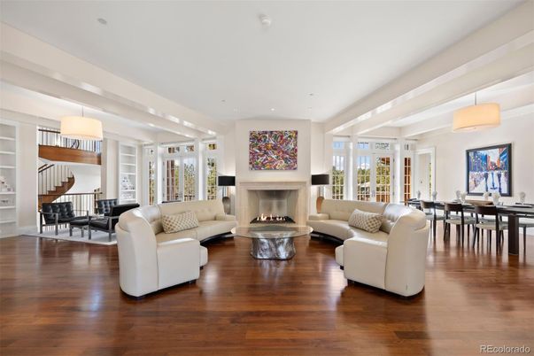 Dining room, Fireplace, Interior, Living room, Pendant Lights, Piano, Recessed Lighting, Wood Texture Flooring