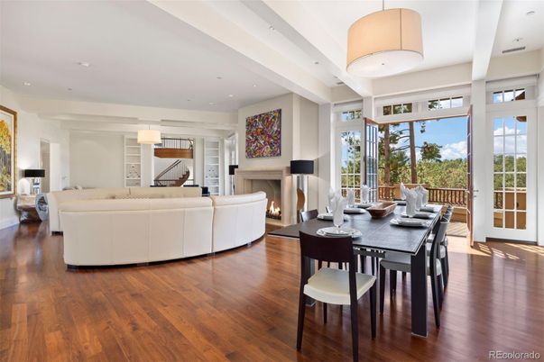 Dining room, Fireplace, Interior, Living room, Pendant Lights, Recessed Lighting, Wood Texture Flooring