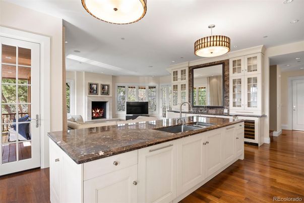 Fireplace, Interior, Kitchen, Living room, Recessed Lighting, Wood Texture Flooring