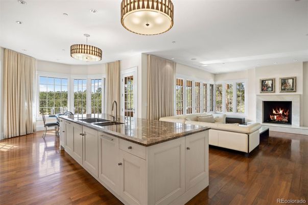 Fireplace, Interior, Kitchen, Living room, Pendant Lights, Recessed Lighting, Wood Texture Flooring