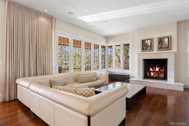 Fireplace, Interior, Living room, Recessed Lighting, Wood Texture Flooring