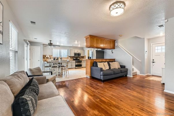Dining room, Interior, Kitchen, Living room, Stainless Steel Appliances, Wood Texture Flooring
