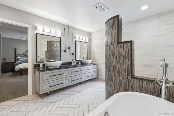 Bathroom, Dual Sink Vanities, Interior, Marble Walls, Recessed Lighting