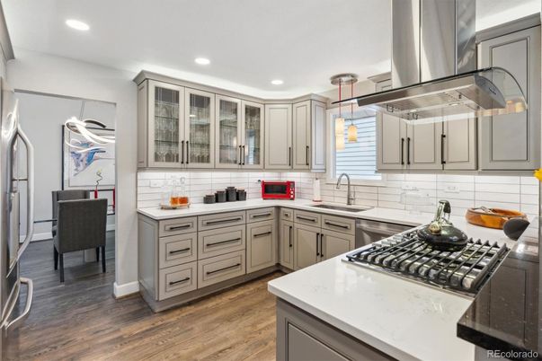 Interior, Kitchen, Pendant Lights, Recessed Lighting, Stainless Steel Appliances, Wood Texture Flooring
