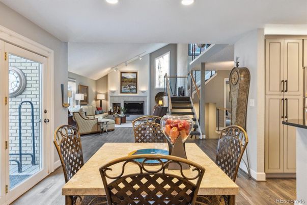 Dining room, Fireplace, Interior, Living room, Recessed Lighting, Wood Texture Flooring