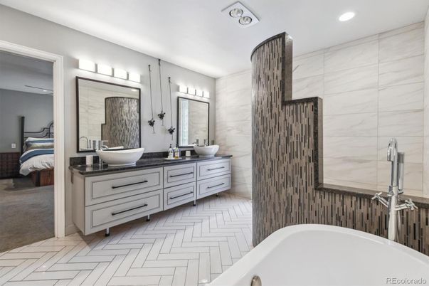 Bathroom, Bedroom, Dual Sink Vanities, Interior, Marble Walls, Recessed Lighting