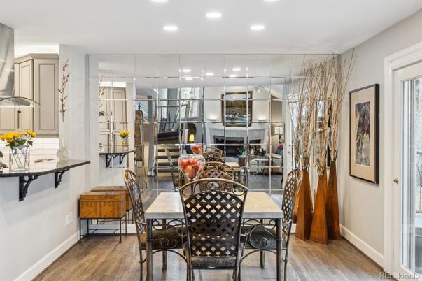 Dining room, Fireplace, Interior, Recessed Lighting, Wood Texture Flooring