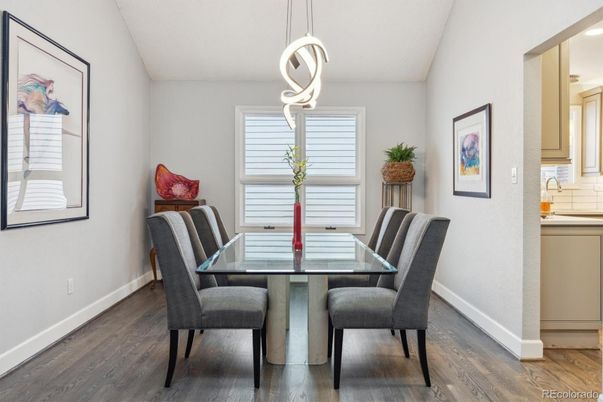 Dining room, Interior, Pendant Lights, Wood Texture Flooring