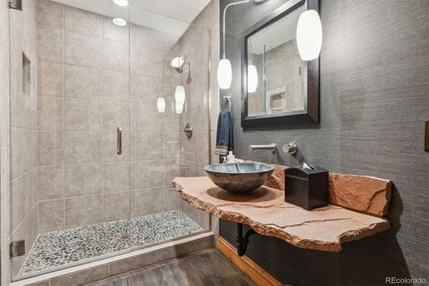 Bathroom, Glass Shower, Interior, Recessed Lighting, Wood Texture Flooring