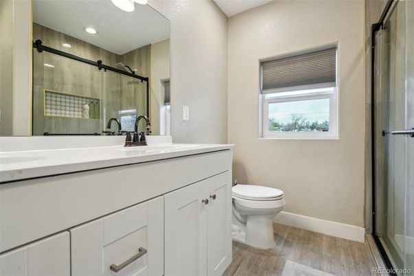 Bathroom, Glass Shower, Interior, Recessed Lighting, Wood Texture Flooring