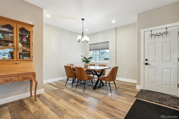 Chandelier, Dining room, Interior, Recessed Lighting, Wood Texture Flooring