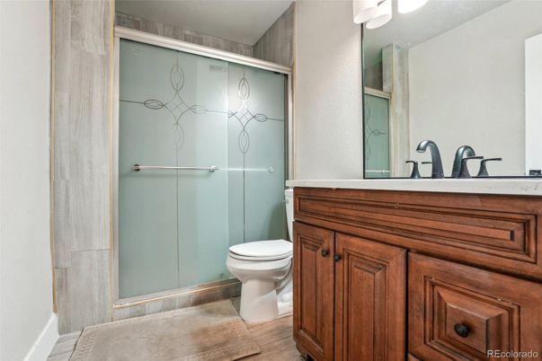 Bathroom, Glass Shower, Interior, Wood Texture Flooring