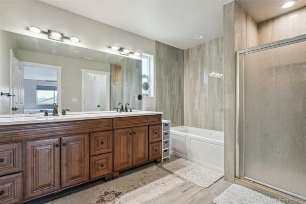 Bathroom, Dual Sink Vanities, Interior, Recessed Lighting, Wood Texture Flooring