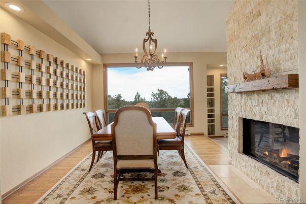 Chandelier, Dining room, Fireplace, Interior, Pendant Lights, Recessed Lighting, Wood Texture Flooring