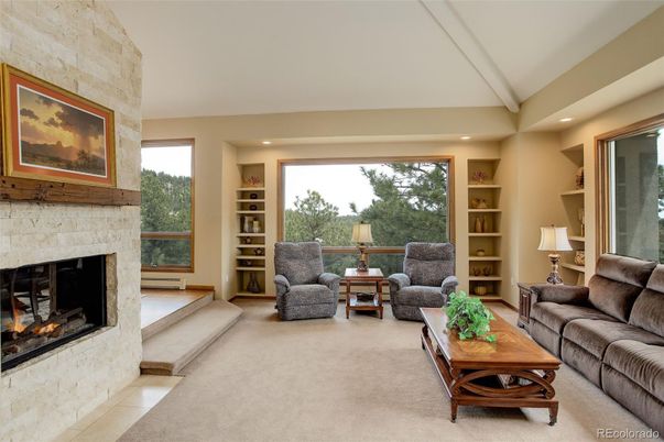 Fireplace, Interior, Living room, Recessed Lighting, Stone Walls