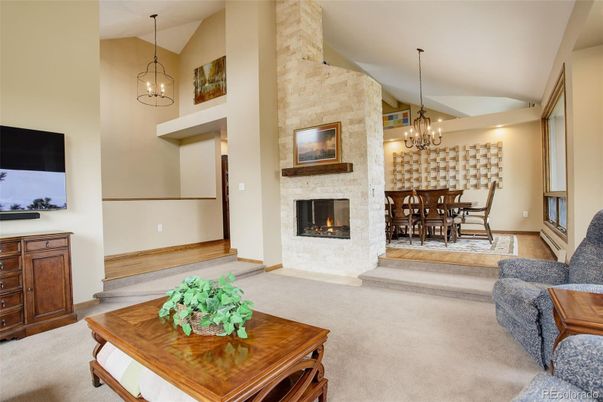 Chandelier, Dining room, Fireplace, Interior, Pendant Lights, Stone Walls
