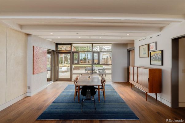 Dining room, Interior, Recessed Lighting, Wood Texture Flooring