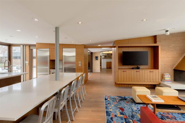 Interior, Kitchen, Living room, Recessed Lighting, Stainless Steel Appliances, Stone Walls, Wood Texture Flooring