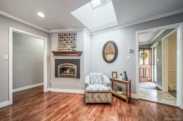 Fireplace, Interior, Recessed Lighting, Wood Texture Flooring