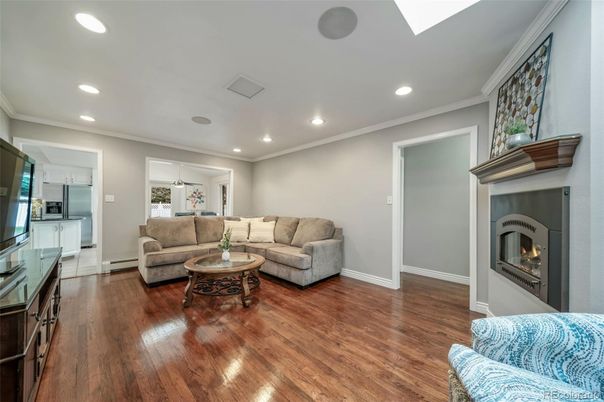 Fireplace, Interior, Kitchen, Living room, Recessed Lighting, Wood Texture Flooring