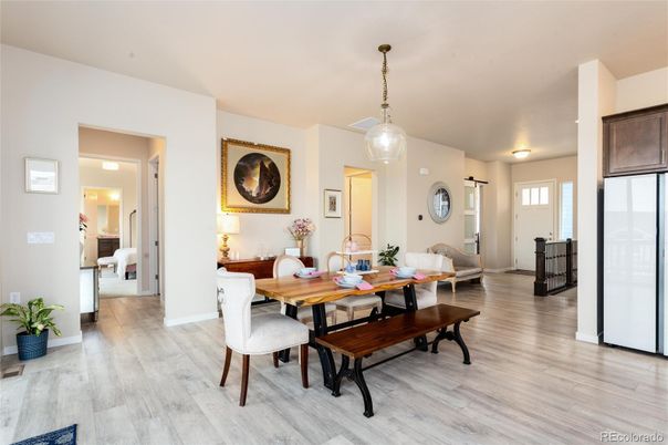Dining room, Interior, Pendant Lights, Wood Texture Flooring