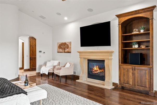 Fireplace, Interior, Recessed Lighting, Wood Texture Flooring