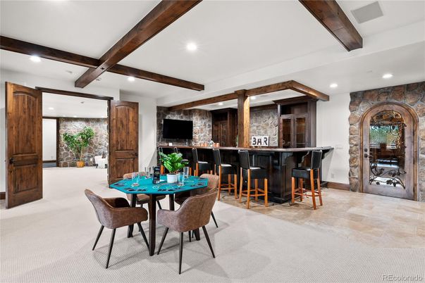 Interior, Recessed Lighting, Stone Walls, Wooden Beams