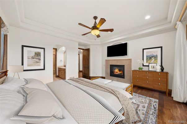 Bedroom, Fireplace, Interior, Recessed Lighting, Wood Texture Flooring