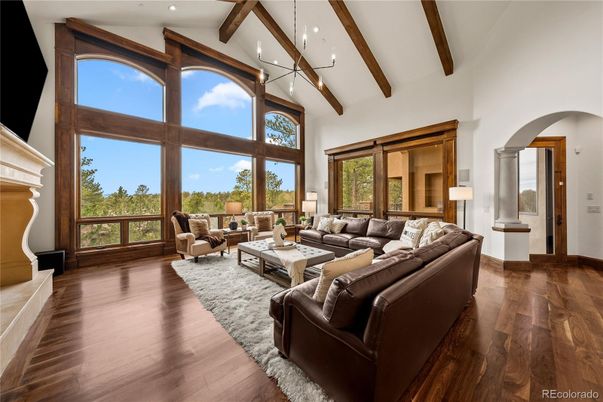 Fireplace, Interior, Living room, Pendant Lights, Recessed Lighting, Wooden Beams, Wood Texture Flooring