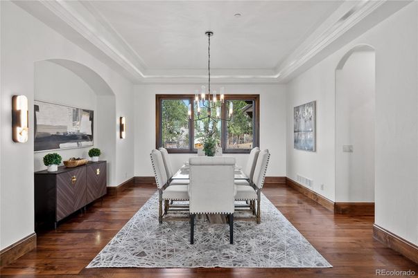 Dining room, Interior, Pendant Lights, Wood Texture Flooring