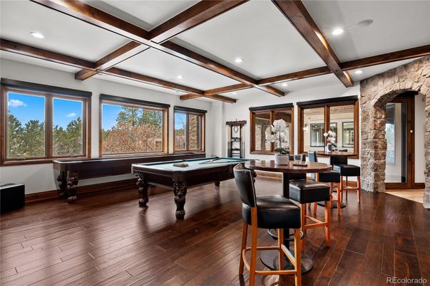 Billiard Table, Game Room, Interior, Recessed Lighting, Stone Walls, Wooden Beams, Wood Texture Flooring