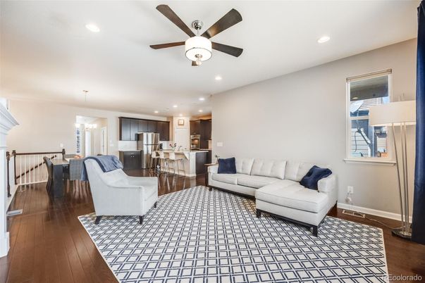 Dining room, Interior, Kitchen, Living room, Pendant Lights, Recessed Lighting, Stainless Steel Appliances, Wood Texture Flooring
