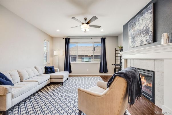 Fireplace, Interior, Living room, Recessed Lighting, Wood Texture Flooring