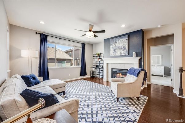 Fireplace, Interior, Living room, Recessed Lighting, Wood Texture Flooring