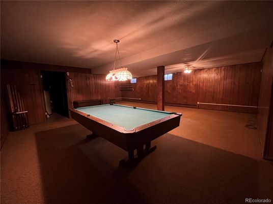 Billiard Table, Game Room, Interior, Pendant Lights, Wooden Walls