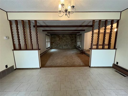 Chandelier, Empty room, Fireplace, Interior, Stone Walls
